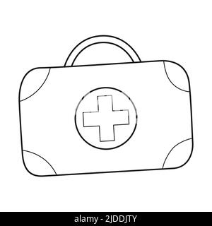 Doodle Tourist medical kit. A portable suitcase with medicines for cars, camping, hiking, at home. Outline black and white vector illustration isolate Stock Vector