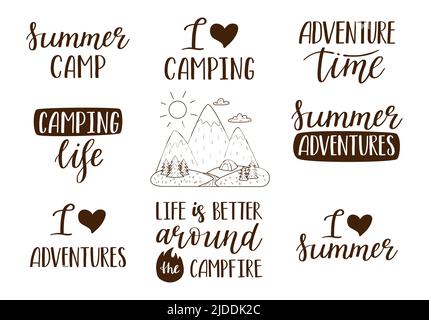 A set of handwritten phrases for summer, vacation, tourism, hiking, adventure, camping. Hand lettering and mountain landscape. Text elements. Black an Stock Vector