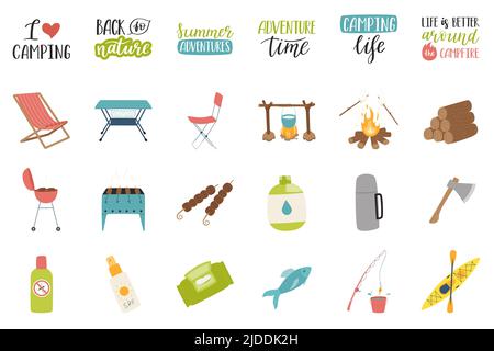 A set of decorative elements and lettering on the theme of summer, vacation, tourism, hiking, camping, picnic. Hand drawn flat icons. Color cartoon ve Stock Vector