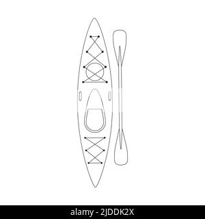Doodle plastic kayak with a paddle. Rowing boat for fishing, tourism, travel, active water sports. Top view. Outline black and white vector illustrati Stock Vector