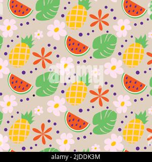 Bright seamless summer pattern in trendy colors with hand drawn summer elements such as watermelon slice, flowers, pineapple, exotic leaves. Fashion print design, vector illustration Stock Vector