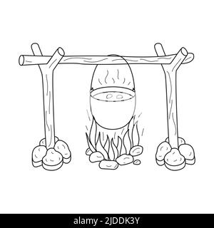 Doodle pot of boiling soup on a burning wood fire. A fire pit with stones. Cooking in the wild, camping, hiking, traveling. Outline black and white ve Stock Vector