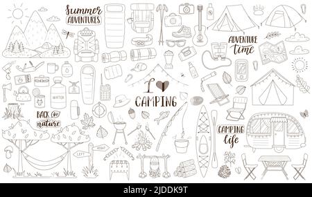 Doodle collection of elements for camping, traveling, hiking, outdoor recreation, picnic. Graphic objects for scrapbooking, posters, banners, stickers Stock Vector