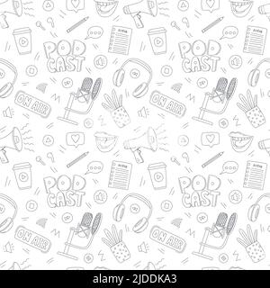 Seamless pattern with doodle elements for online show, podcast, radio. Outline hand drawn microphone, headphone, female mouth, potted flower. Black an Stock Vector