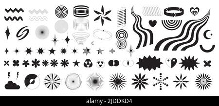 A set of abstract geometric decorative elements in Y2K style. Trendy minimalistic retro shapes, stars, bling, glitter, silhouettes, brutalism forms, w Stock Vector