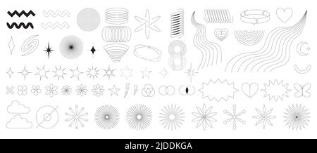 A set of abstract outline geometric design elements in y2k style. Modern graphic shapes, stars, bling, glitter, silhouettes, brutalism forms. Trendy m Stock Vector