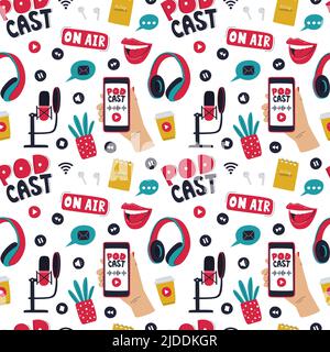 Seamless pattern with colored elements symbolizing podcast, radio, online show. Hand drawn microphones, headphones, hand holding phone, word podcast, Stock Vector