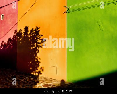The back walls of three houses in Burano are painted bright red, yellow, and green shades. Stock Photo