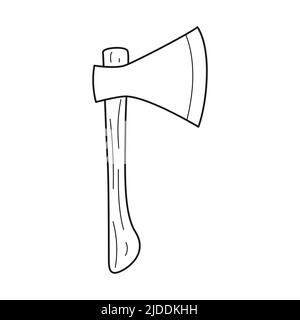 Doodle axe. Carpentry tools, camping equipment, logging. Outline hand-drawn black and white vector illustration isolated on a white background. Stock Vector