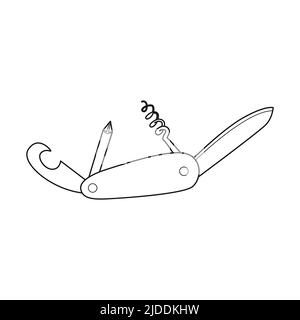 Doodle Swiss knife, multitool, multifunctional pocket knife. Equipment for fishing, tourism, travel, camping, hiking. Outline black and white vector i Stock Vector