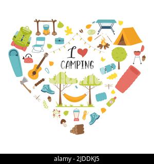 Set of tourist equipment for travel, picnic, camping, outdoor recreation. Heart shape composition as a print on clothes, postcards, web design. Flat v Stock Vector