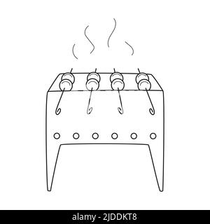 Doodle Barbecue with kebabs on skewers. Grilled meat on coals. Food cooked at a picnic, camping, hiking, traveling. Caucasian cuisine. Outline black w Stock Vector