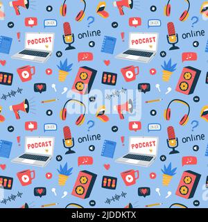 Seamless pattern with colored doodle elements for online show,podcast, radio. Hand drawn laptop, headphones, loudspeaker, female mouth, potted plant, Stock Vector