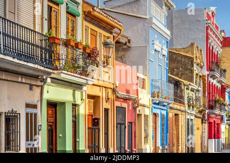 Colourful facade of traditional houses in El Cabanyal neighbourhood, Valencia, Valencian Community, Spain Stock Photo