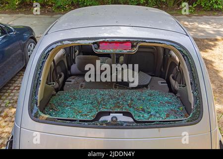 Broken Rear Car Window Shuttered Glass Pieces Damage Vandalism Stock Photo