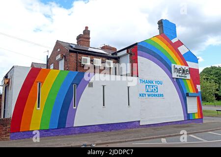 Rainbow on a gable end, Halla Way, Hexel IT Support, Thank You NHS, 540 Knutsford Rd, Warrington, Cheshire, England, UK,  WA4 1HR Stock Photo