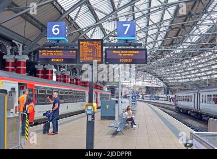 Platforms six and seven, at Liverpool Lime Street, railway station, Merseyside, England, UK,  L1 1JD Stock Photo