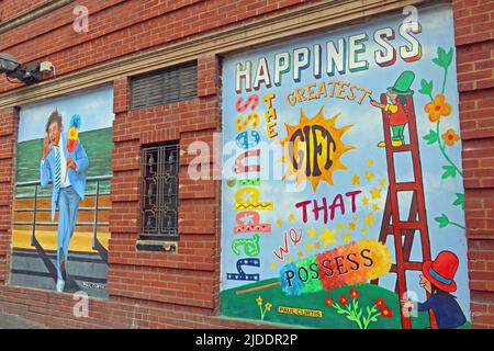 Paul Curtis murals of Ken Dodd Liverpool entertainer, including Happiness, on the Royal Court Theatre, Roe street, Liverpool ,L1 1HL Stock Photo