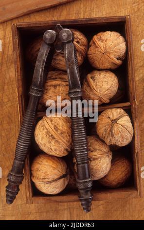 Close up from above of walnuts in their shells lying in compartmentalised wooden box with antique nutcrackers Stock Photo