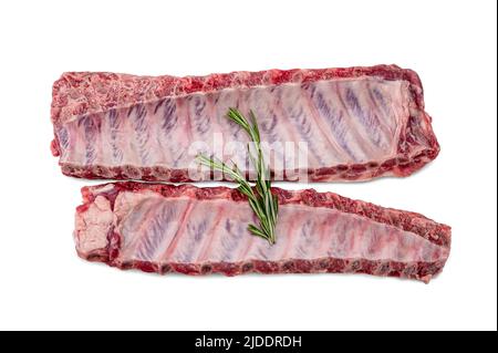 Raw Pork ribs with rosemary isolated on white. Raw pork ribs. Raw meat, Whole raw pork ribs. lamb meat spare ribs or belly. Fresh meat and ingredients Stock Photo