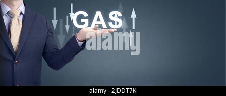 Gas trend. Natural gas prices. Energy crisis with stock market. current change in price. cost of thousand cubic meters of gas. businessman showing wor Stock Photo