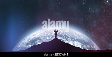Successful business man standing on top of mountain. competition and leadership concept. Silhouette Businessman Standing Against Illuminated Globe At Stock Photo
