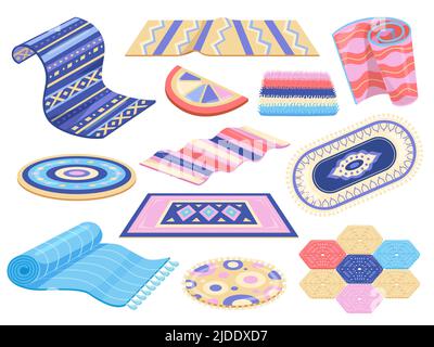 Isolated cartoon carpets. Colorful carpet and mat, decorative flying rug set. Interior flat mats, yoga tools. Textile picnic accessories, racy home Stock Vector