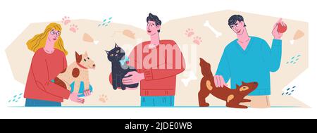 Pets and people at color backdrop. Banner with pets and owners for veterinary clinic, animal adoption center and pet shop advertisement, flat vector i Stock Vector