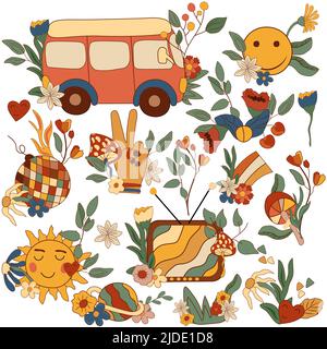 Positive compositions 70s groovy element, smile sun with flowers, leaves, retro bus, groovy disco ball, mushrooms, rainbows and others. Vintage hippy style. Vector illustration Stock Vector