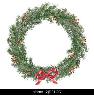 Christmas wreath of fir branches, with a red bow, watercolor illustration Stock Photo