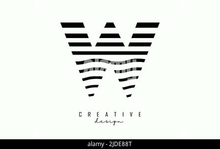 Letter W logo design with black straight and zig zag lines. Vector illustration with wavy lines. Stock Vector