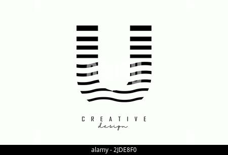 Letter U logo design with black straight and zig zag lines. Vector illustration with wavy lines. Stock Vector
