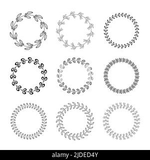 Laurels round border vector set. Set of different linear circle laurel leaves. Armorial branches. y. Stock Vector