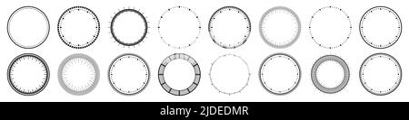 Mechanical clock faces, bezel. Watch dial with minute and hour marks. Timer or stopwatch element. Blank measuring circle scale with divisions. Vector Stock Vector