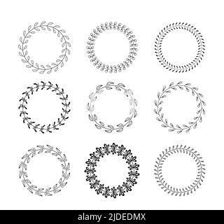 Laurels round border vector set. Set of different linear circle laurel leaves. Armorial branches. y. Stock Vector