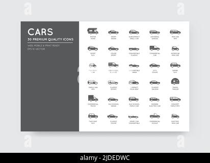 Vector Car Icons Set with All Car Types and Names Stock Vector