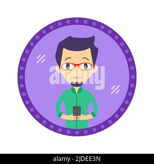 Hipster style man take a selfie in the mirror. Vector flat design illustration in the circle isolated on background. Stock Vector