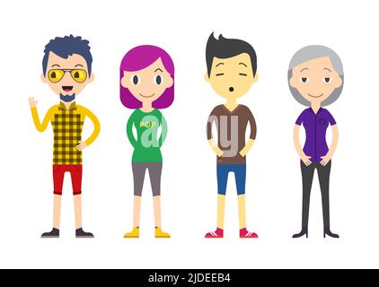 Diverse Vector People Set. Men and women, Different poses. Flat Cartoon Style. Stock Vector