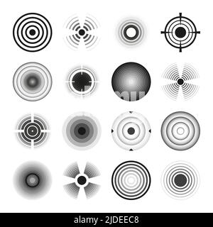 Various weapon sights, black crosshair icons. Aim, shooting mark symbol. Military target sign, silhouette. Radial sonar sound waves, radio signal Stock Vector