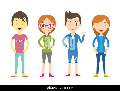 Diverse Vector People Set. Men and women, Different poses. Flat Cartoon Style. Stock Vector