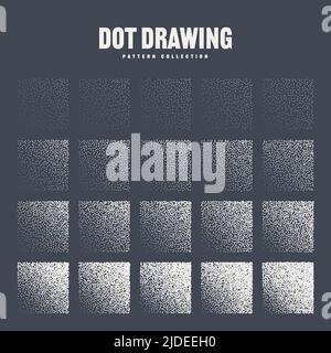 Square shaped dotted objects, stipple elements. Stippling, dotwork drawing, shading using dots. Pixel disintegration, halftone effect. White noise Stock Vector