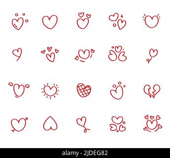 Set of red hand drawn heart shaped icons. Collection of vector valentines, love. Stock Vector