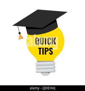 Quick tips on light bulb in graduation cap vector icon. Stock Vector