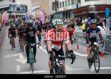 Cyclists during the world’s largest recreational bike ride, Vätternrundan, Sweden, on Friday. Vätternrundan is one of the world's largest exercise races by bicycle and this year 16,000 cyclists have registered to cycle the 315 km long race around lake Vättern. In the picture: Mårten Nilsson, from Uppsala, in the start in Motala. Stock Photo