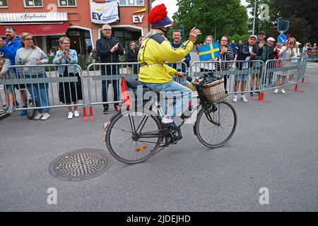 Cyclists during the world’s largest recreational bike ride, Vätternrundan, Sweden, on Friday. Vätternrundan is one of the world's largest exercise races by bicycle and this year 16,000 cyclists have registered to cycle the 315 km long race around lake Vättern. In the picture: Stig Johansson , from Fagersanna, in the start in Motala, Sweden. Stock Photo