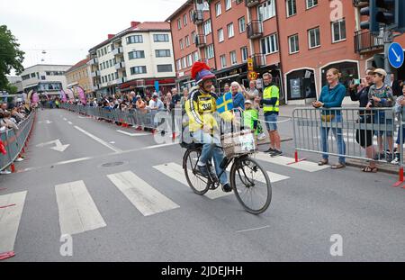 Cyclists during the world’s largest recreational bike ride, Vätternrundan, Sweden, on Friday. Vätternrundan is one of the world's largest exercise races by bicycle and this year 16,000 cyclists have registered to cycle the 315 km long race around lake Vättern. In the picture: Stig Johansson , from Fagersanna, in the start in Motala, Sweden. Stock Photo