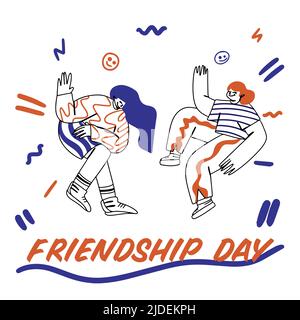International day of friendship. Friends forever, girlfriends, friendship, dancing, outline, line drawing in doodle style, orange and blue on a white Stock Vector