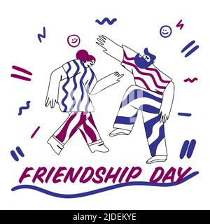 International day of friendship. Friends forever, boyfriend and girlfriend, friendship, dancing, outline, line drawing in doodle style, purple and blu Stock Vector
