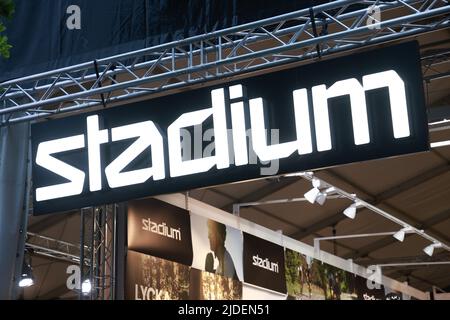 Stadium store during the world’s largest recreational bike ride, Vätternrundan, Sweden, on Friday. Vätternrundan is one of the world's largest exercise races by bicycle and this year 16,000 cyclists have registered to cycle the 315 km long race around lake Vättern. Stock Photo