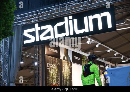 Stadium store during the world’s largest recreational bike ride, Vätternrundan, Sweden, on Friday. Vätternrundan is one of the world's largest exercise races by bicycle and this year 16,000 cyclists have registered to cycle the 315 km long race around lake Vättern. Stock Photo